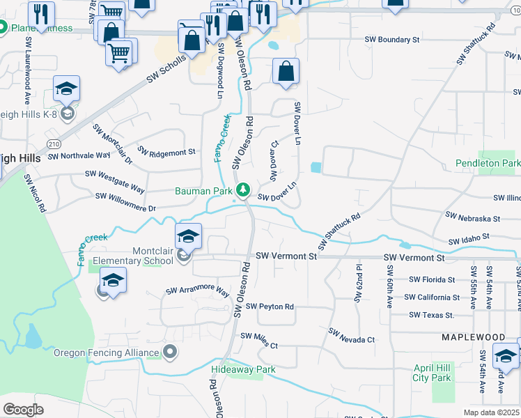 map of restaurants, bars, coffee shops, grocery stores, and more near 6801 Southwest Terri Court in Portland
