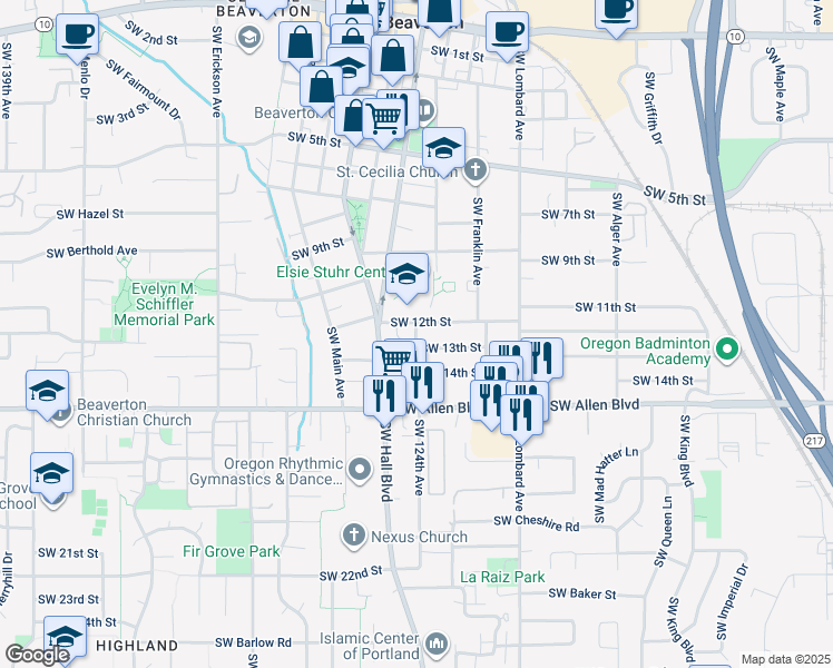 map of restaurants, bars, coffee shops, grocery stores, and more near 12472 Southwest 12th Street in Beaverton