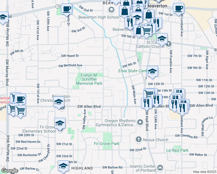map of restaurants, bars, coffee shops, grocery stores, and more near 5670 Southwest Erickson Avenue in Beaverton