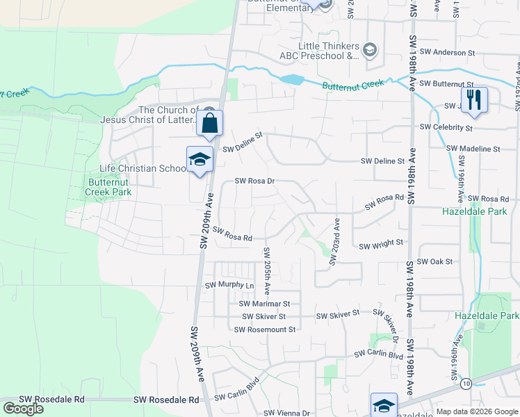 map of restaurants, bars, coffee shops, grocery stores, and more near 5775 Southwest 205th Avenue in Aloha