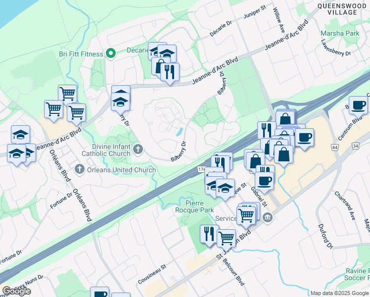 map of restaurants, bars, coffee shops, grocery stores, and more near 103 Copperwood Street in Ottawa