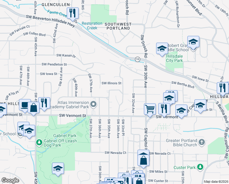 map of restaurants, bars, coffee shops, grocery stores, and more near 3408 Southwest Carolina Street in Portland