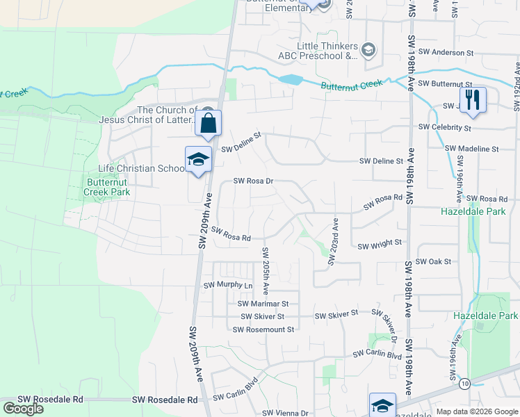map of restaurants, bars, coffee shops, grocery stores, and more near 5710 Southwest 206th Avenue in Aloha