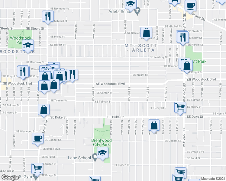 map of restaurants, bars, coffee shops, grocery stores, and more near 6207 Southeast Carlton Street in Portland