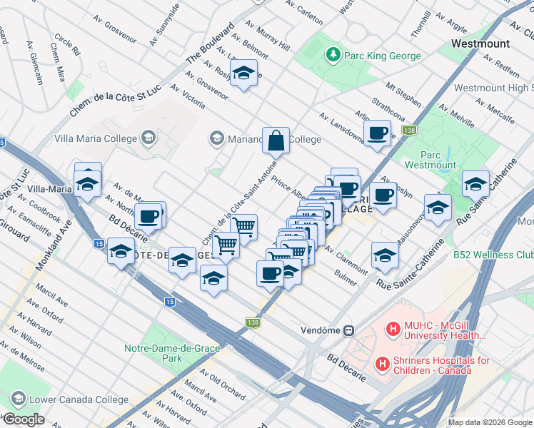 map of restaurants, bars, coffee shops, grocery stores, and more near 73 Avenue Windsor in Westmount