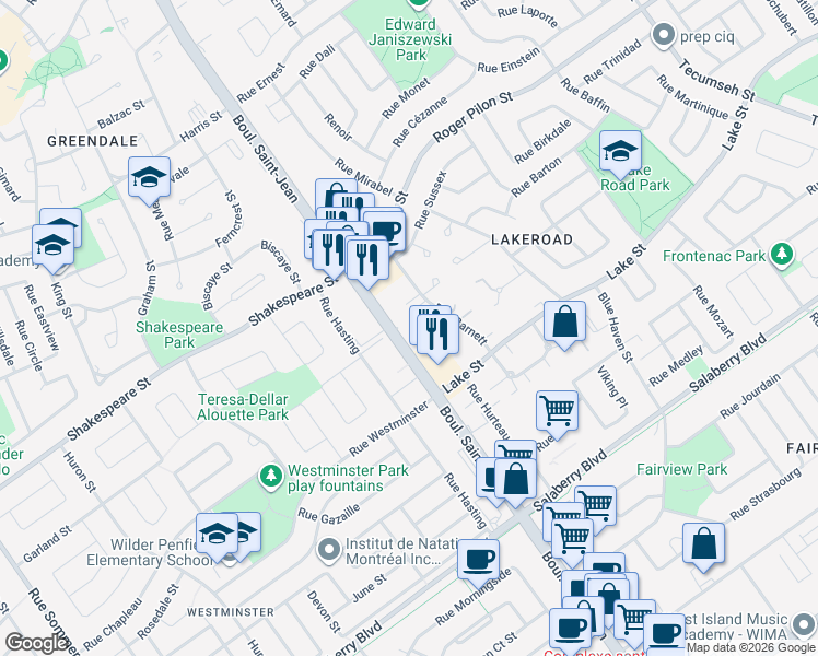 map of restaurants, bars, coffee shops, grocery stores, and more near 4175 Boulevard Saint-Jean in Dollard-des-Ormeaux
