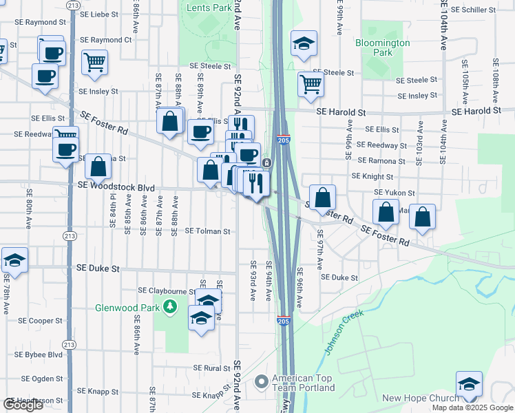 map of restaurants, bars, coffee shops, grocery stores, and more near 9320 Southeast Woodstock Boulevard in Portland