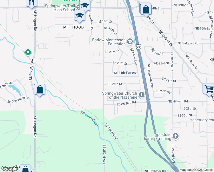 map of restaurants, bars, coffee shops, grocery stores, and more near 2956 Southeast 26th Street in Gresham