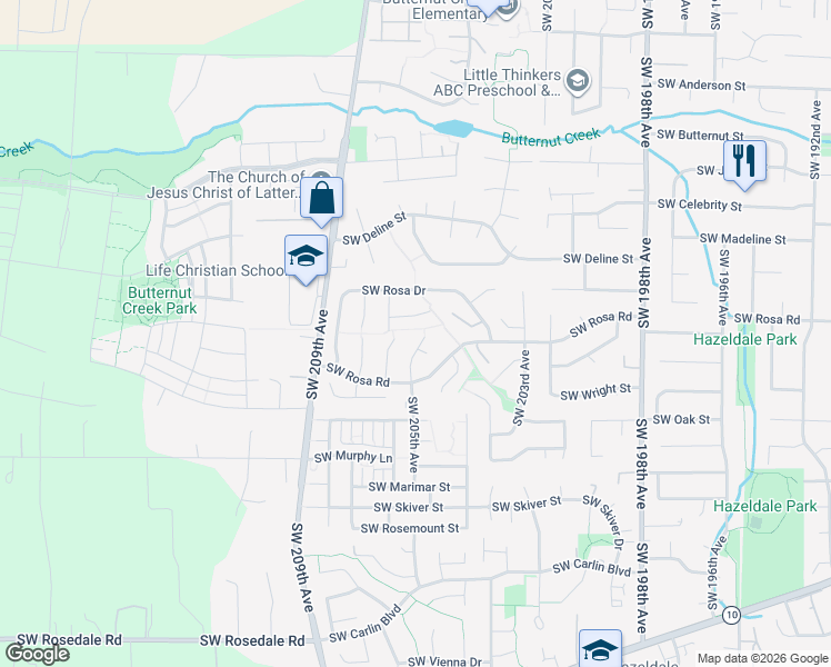 map of restaurants, bars, coffee shops, grocery stores, and more near 5775 Southwest 205th Avenue in Aloha