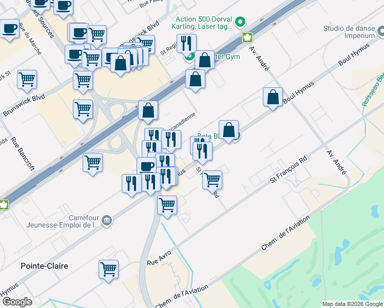 map of restaurants, bars, coffee shops, grocery stores, and more near 2225 Hymus Boulevard in Dorval