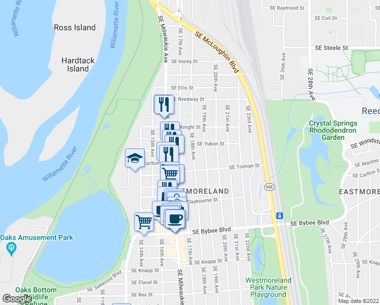 map of restaurants, bars, coffee shops, grocery stores, and more near 6029 Southeast 18th Avenue in Portland