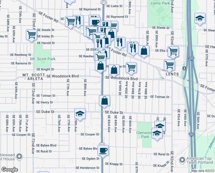 map of restaurants, bars, coffee shops, grocery stores, and more near 6111 Southeast 83rd Avenue in Portland