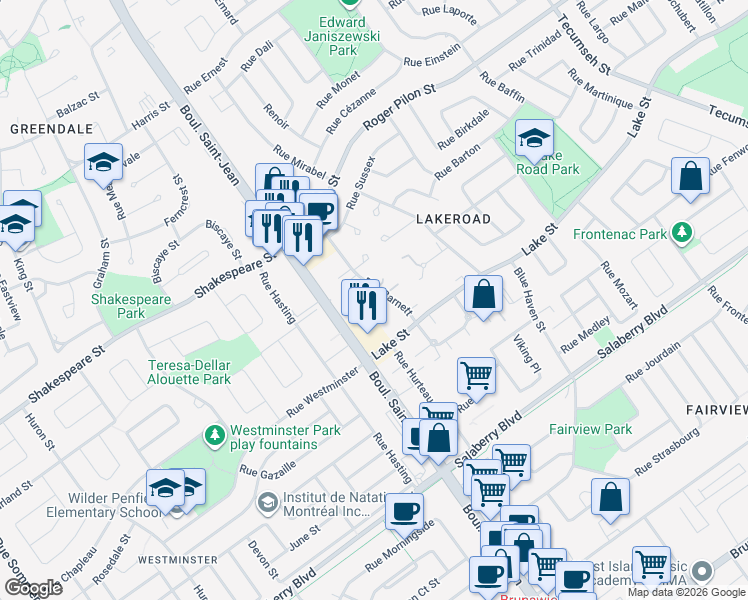map of restaurants, bars, coffee shops, grocery stores, and more near 100 Rue Barnett in Dollard-des-Ormeaux