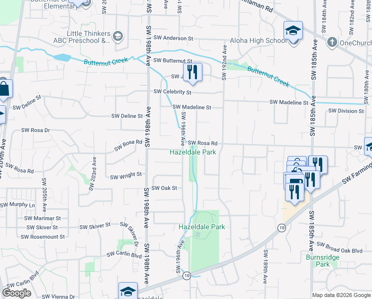 map of restaurants, bars, coffee shops, grocery stores, and more near 5700 Southwest 196th Avenue in Beaverton