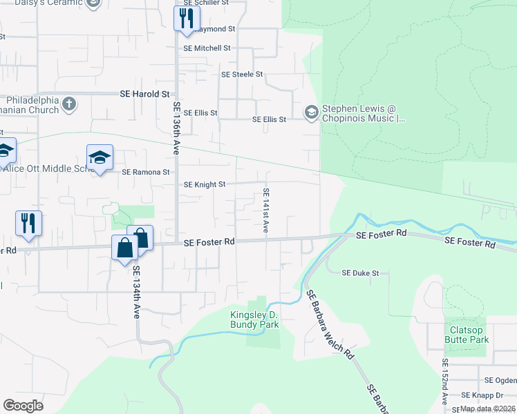 map of restaurants, bars, coffee shops, grocery stores, and more near 14071 Southeast Carlton Street in Portland