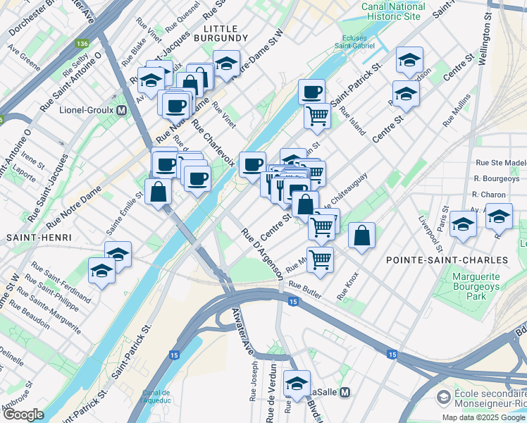 map of restaurants, bars, coffee shops, grocery stores, and more near 2659 Rue Saint Charles in Montréal