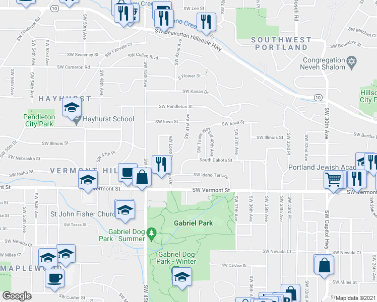 map of restaurants, bars, coffee shops, grocery stores, and more near 6220 Southwest 41st Avenue in Portland