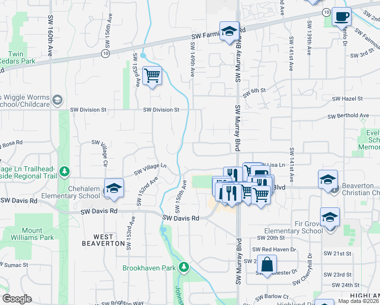 map of restaurants, bars, coffee shops, grocery stores, and more near 14870 Southwest Bonnie Brae Street in Beaverton