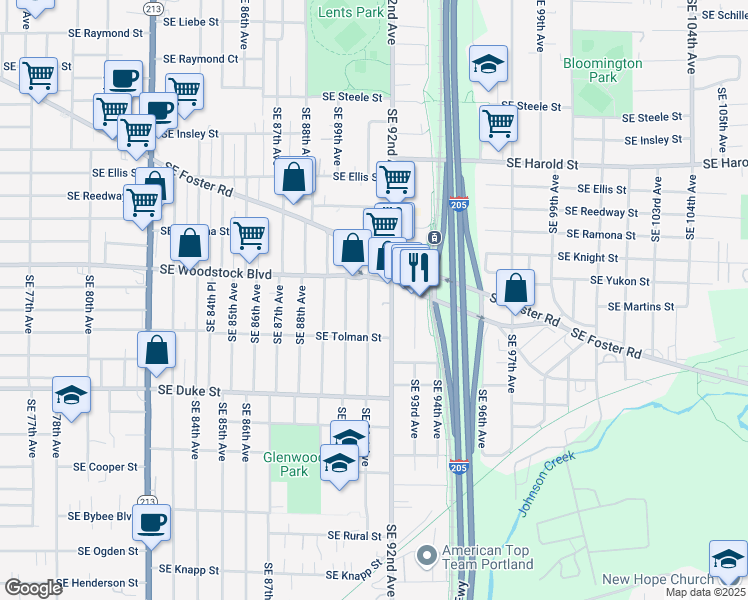 map of restaurants, bars, coffee shops, grocery stores, and more near 6032 Southeast 91st Avenue in Portland