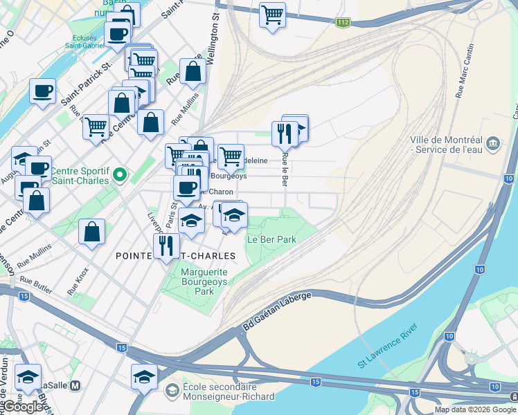 map of restaurants, bars, coffee shops, grocery stores, and more near Avenue Ash in Montréal