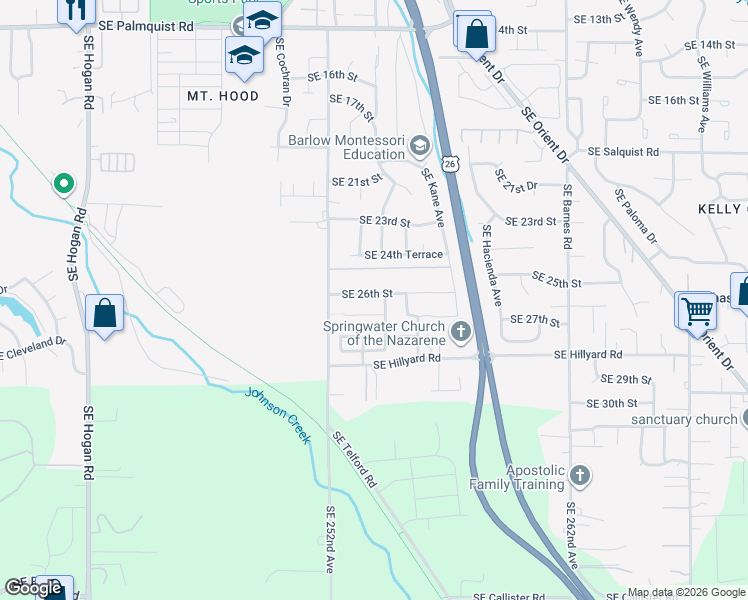 map of restaurants, bars, coffee shops, grocery stores, and more near 3066 Southeast 26th Street in Gresham