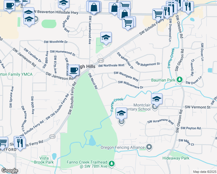 map of restaurants, bars, coffee shops, grocery stores, and more near 7940 Southwest Willowmere Drive in Portland