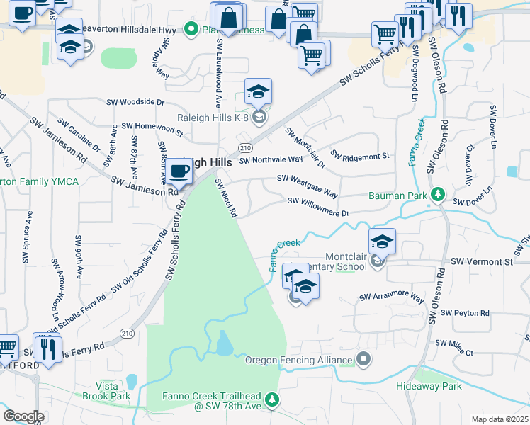 map of restaurants, bars, coffee shops, grocery stores, and more near 7940 Southwest Willowmere Drive in Portland