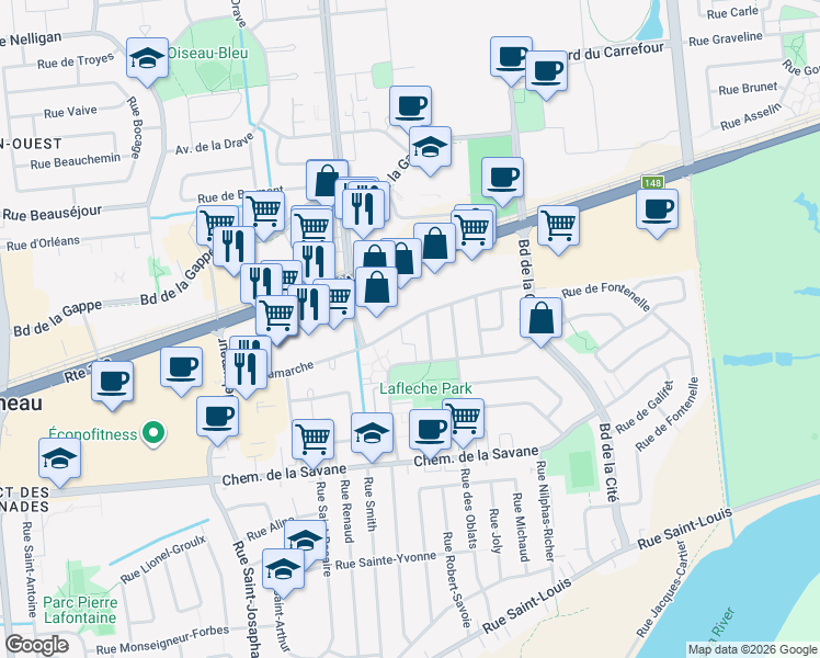 map of restaurants, bars, coffee shops, grocery stores, and more near 210 Rue Lamarche in Gatineau
