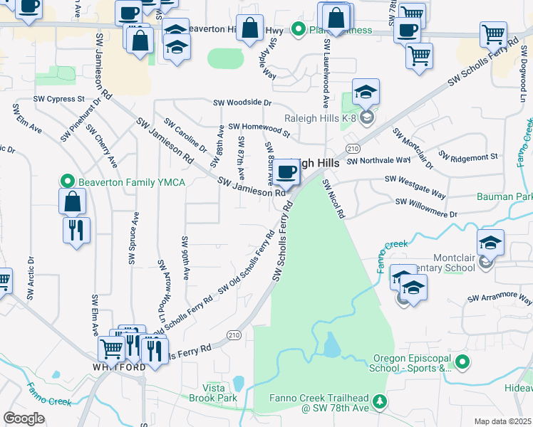 map of restaurants, bars, coffee shops, grocery stores, and more near 8500 Southwest Jamieson Road in Portland