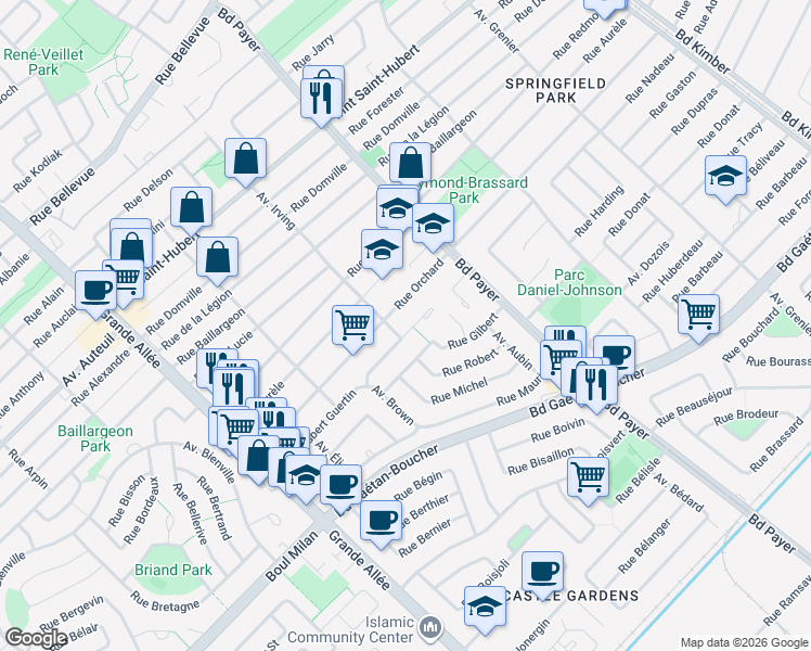 map of restaurants, bars, coffee shops, grocery stores, and more near 5140 Rue Hubert Guertin in Longueuil