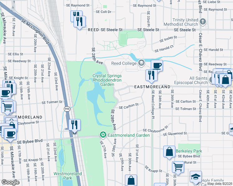 map of restaurants, bars, coffee shops, grocery stores, and more near 2802 Southeast Moreland Lane in Portland