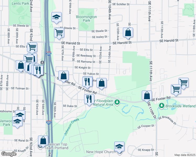 map of restaurants, bars, coffee shops, grocery stores, and more near 6033 Southeast 103rd Avenue in Portland