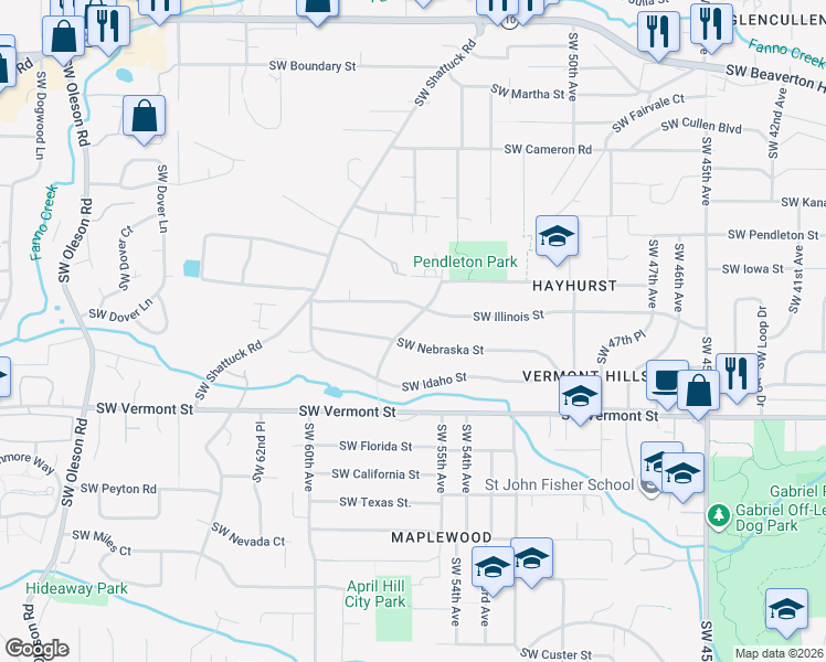 map of restaurants, bars, coffee shops, grocery stores, and more near 6240 Southwest 55th Drive in Portland