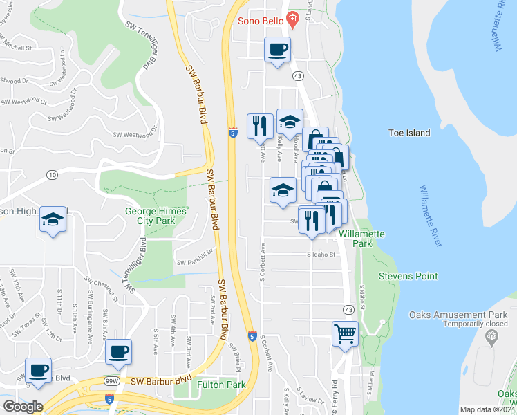 map of restaurants, bars, coffee shops, grocery stores, and more near 6303 South Corbett Avenue in Portland