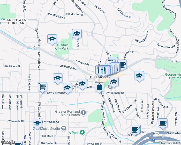 map of restaurants, bars, coffee shops, grocery stores, and more near 1918 Southwest Carolina Street in Portland