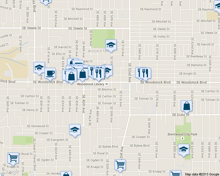 map of restaurants, bars, coffee shops, grocery stores, and more near 6029 Southeast 50th Avenue in Portland