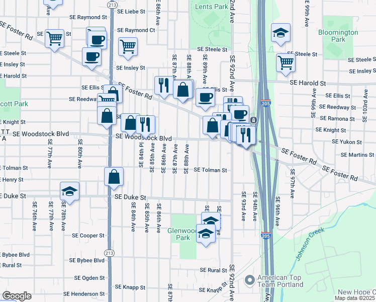 map of restaurants, bars, coffee shops, grocery stores, and more near 6110 Southeast 88th Avenue in Portland