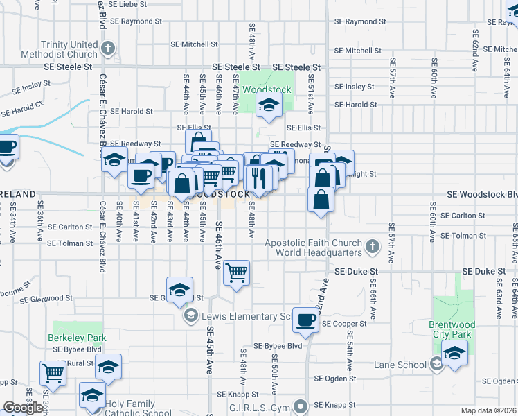 map of restaurants, bars, coffee shops, grocery stores, and more near 4811 Southeast Martins Street in Portland