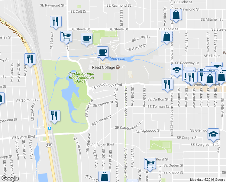 map of restaurants, bars, coffee shops, grocery stores, and more near 3131 Southeast Martins Street in Portland