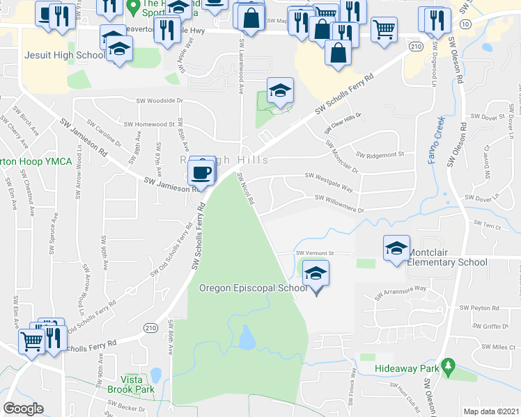 map of restaurants, bars, coffee shops, grocery stores, and more near 5760 Southwest Nicol Road in Portland