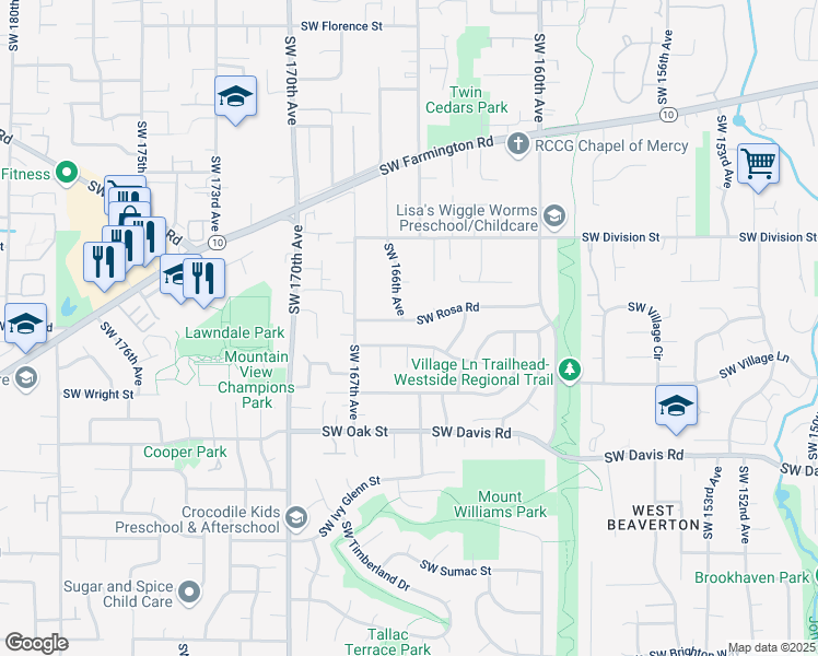 map of restaurants, bars, coffee shops, grocery stores, and more near 16584 Southwest Rosa Road in Beaverton