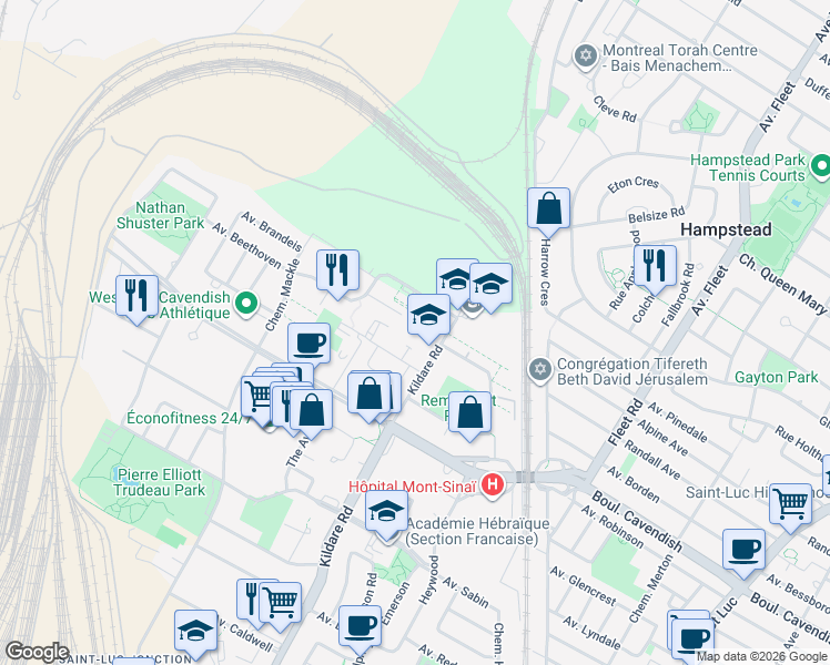 map of restaurants, bars, coffee shops, grocery stores, and more near 6575 Chemin Kildare in Côte Saint-Luc