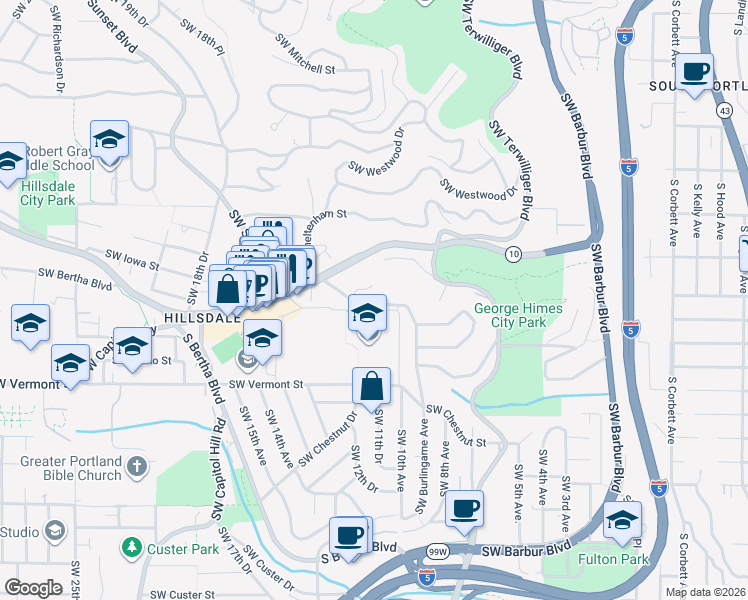 map of restaurants, bars, coffee shops, grocery stores, and more near 6252 Southwest Burlingame Avenue in Portland