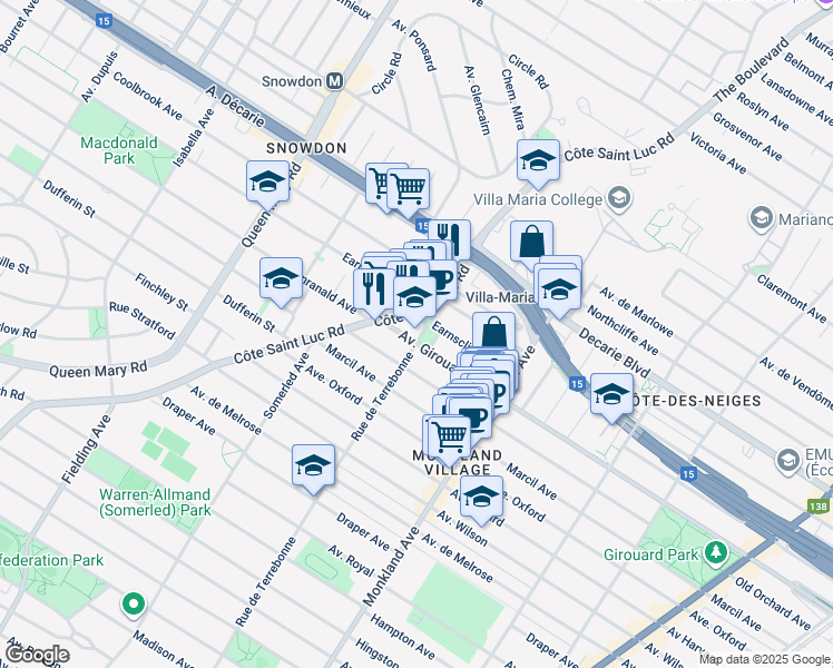 map of restaurants, bars, coffee shops, grocery stores, and more near 5455 Rue de Terrebonne in Montreal