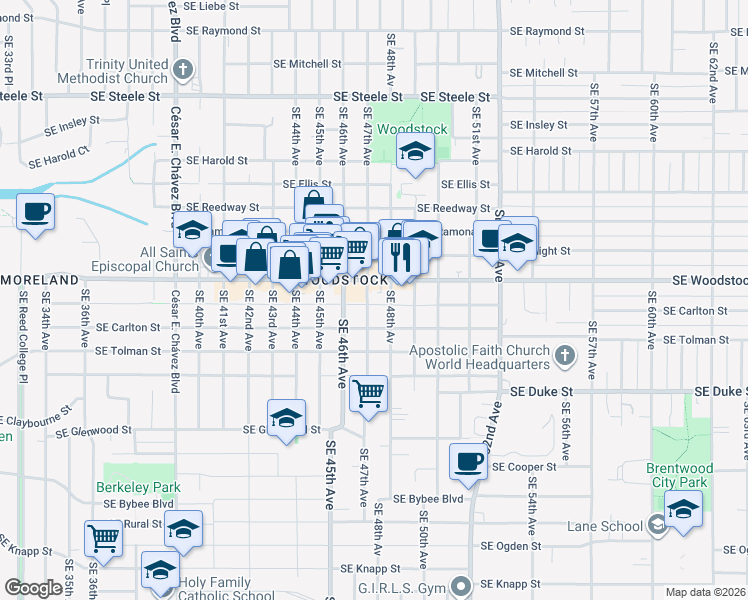 map of restaurants, bars, coffee shops, grocery stores, and more near 6032 Southeast 47th Avenue in Portland