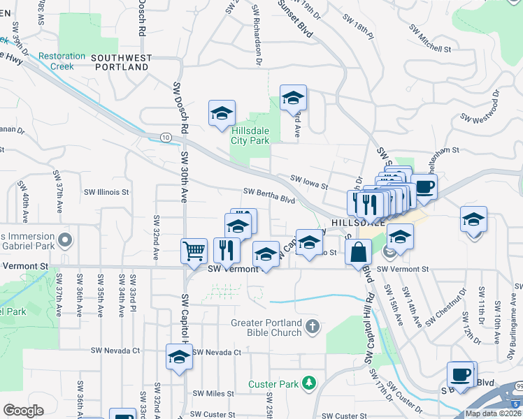 map of restaurants, bars, coffee shops, grocery stores, and more near 2510 SW Eagles Nest Ln in Portland