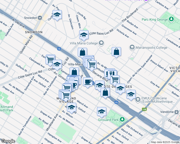 map of restaurants, bars, coffee shops, grocery stores, and more near 5309 Avenue Brodeur in Montréal