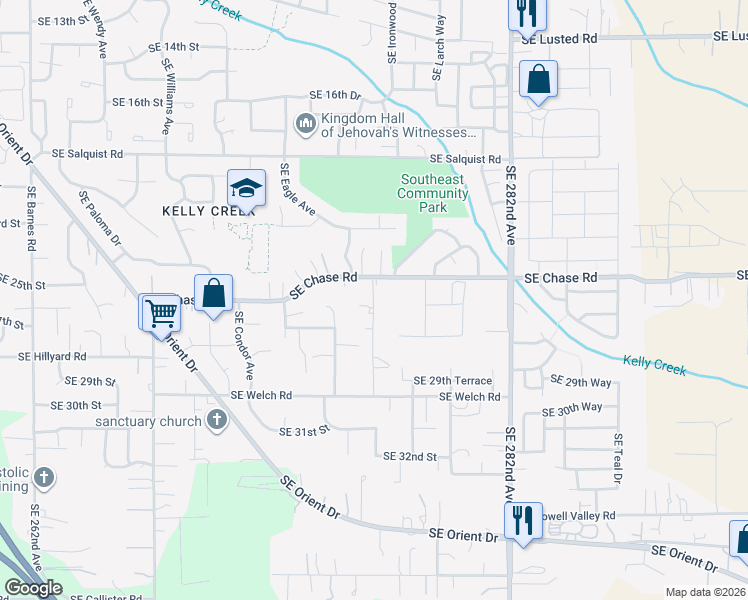 map of restaurants, bars, coffee shops, grocery stores, and more near 5350 Southeast Chase Road in Gresham