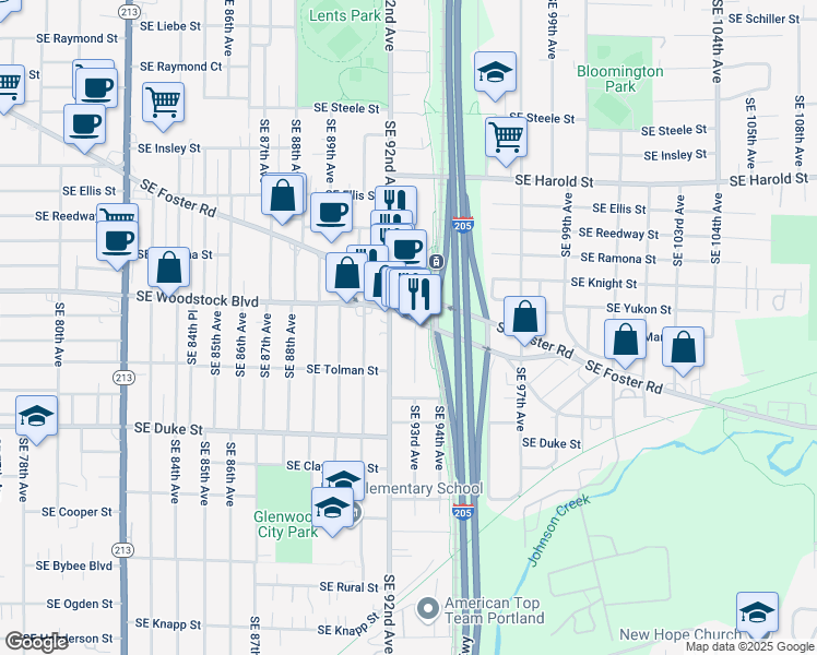 map of restaurants, bars, coffee shops, grocery stores, and more near 6107 Southeast 93rd Avenue in Portland