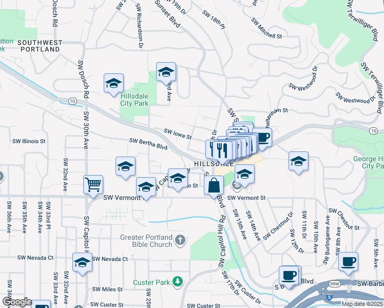 map of restaurants, bars, coffee shops, grocery stores, and more near 1918 Southwest Carolina Street in Portland